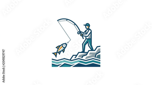 Canvas Print Fisherman catches a jumping fish on a rocky shore.