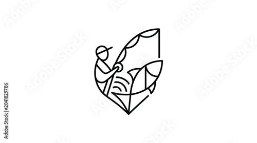 Tableau sur toile Fisherman catches large fish with fishing rod line illustration.