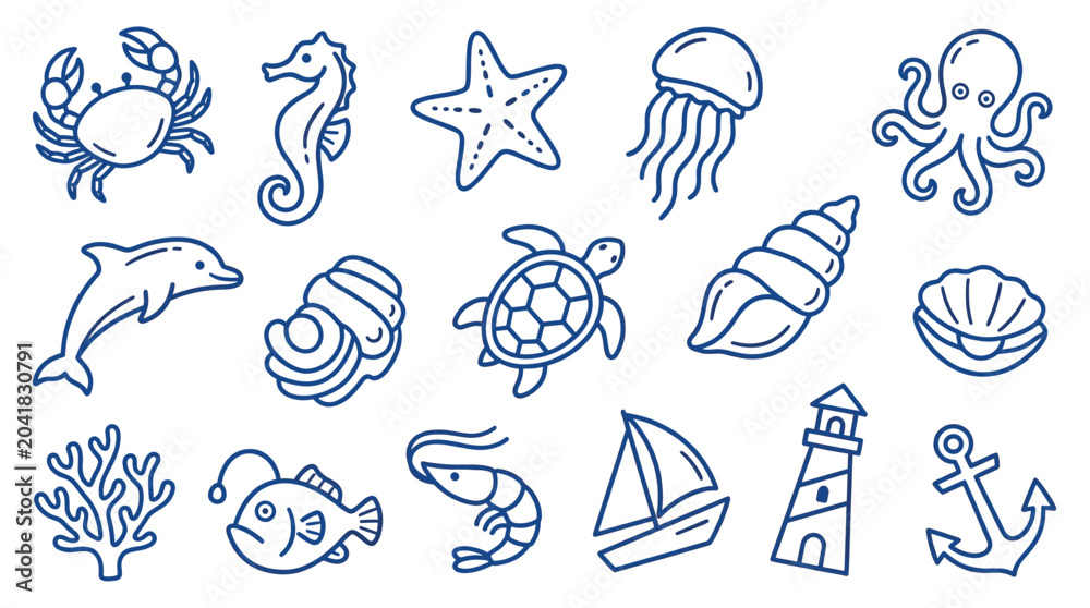 Naklejka premium Collection of various blue outline sea creatures and nautical elements, including a crab, dolphin, and lighthouse, on a clean white background