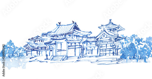 水墨画風の平等院鳳凰堂の風景イラスト