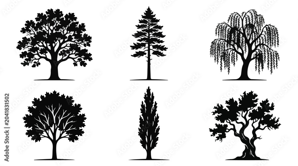 Fototapeta premium Collection of tree silhouettes in various styles and shapes