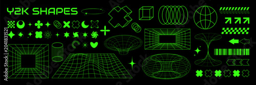 Fotografie Retro futuristic 2000s set with abstract aesthetic y2k geometric elements, wireframe spheres, cyber grids, stars and techno symbols