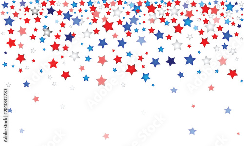 Red, white and blue star confetti border on transparent background for happy new year, 4th of july, independence day, labor day, greeting card, website and party celebrations. Vector illustration