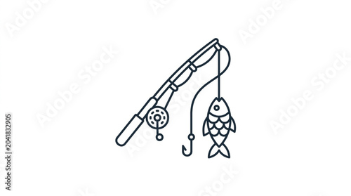 Foto Fishing rod with a caught fish on a hook.