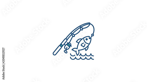 Fotografie Fishing rod with a fish caught on the hook and splashing water.