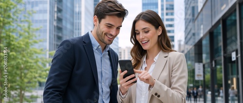 Business colleagues looking at a smartphone outside a modern office building. Smiling professional man and woman sharing digital information on a mobile phone
