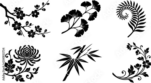 Elegant black floral vector graphic illustrations featuring various botanical elements for creative design and artistic projects