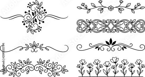 Elegant floral vector ornaments and decorative dividers featuring intricate swirling leaves for professional graphic design projects