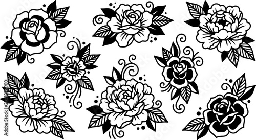 Decorative black and white vector illustration collection featuring beautiful blooming roses and elegant floral leaf elements