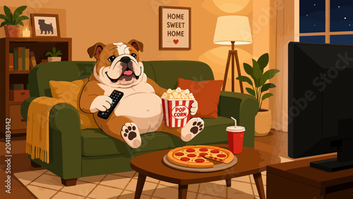 Schilderij op canvas Bulldog Binge-Watching Bliss: A plump bulldog relaxes on a comfy sofa, remote in paw, with a box of popcorn, pizza, and a drink, engrossed in a TV show