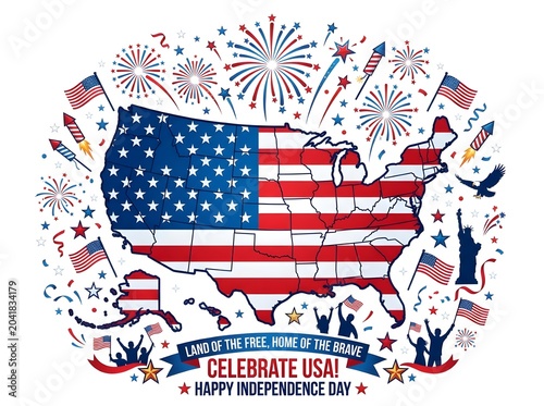 American patriotic illustration celebrating independence day with usa map and fireworks isolated on white background