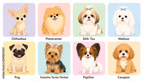 Fotografie A Delightful Dog Breed Collection: An artful display featuring eight distinct dog breeds, each presented in a colorful, separate panel, showcasing their unique characteristics and charm