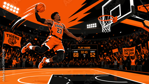 Tableau sur toile Basketball Dunk Spectacle: An electrifying basketball player soars through the air, executing a powerful dunk in a packed arena, igniting the crowd with a display of athleticism and skill