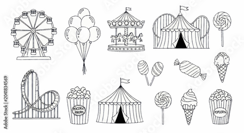 Fotografie Collection of Hand Drawn Carnival and Amusement Park Icons.