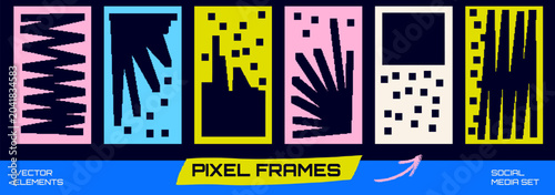 Tableau sur toile Y2k pixel photo frame with bold geometric burst and funky zigzag border