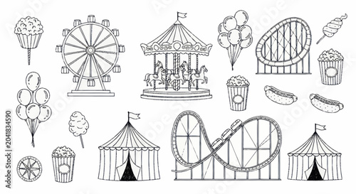 Schilderij op canvas Collection of Hand Drawn Amusement Park and Fairground Attractions