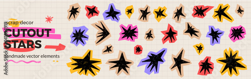 Childish cutout star shapes in torn paper applique for a school scrapbook. Bright collage pieces and playful doodle bits on a journal set. Vector star cutout collection for kids notebook decoration.