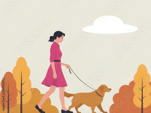 Woman walking her dog through an autumn forest with colorful foliage