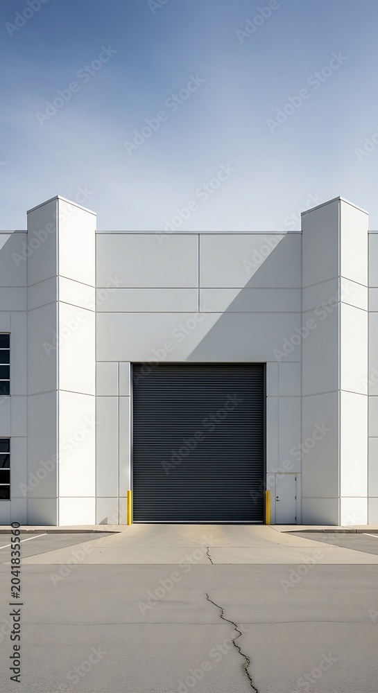 Obraz premium Modern White Warehouse Loading Door Closed on Industrial Building Exterior
