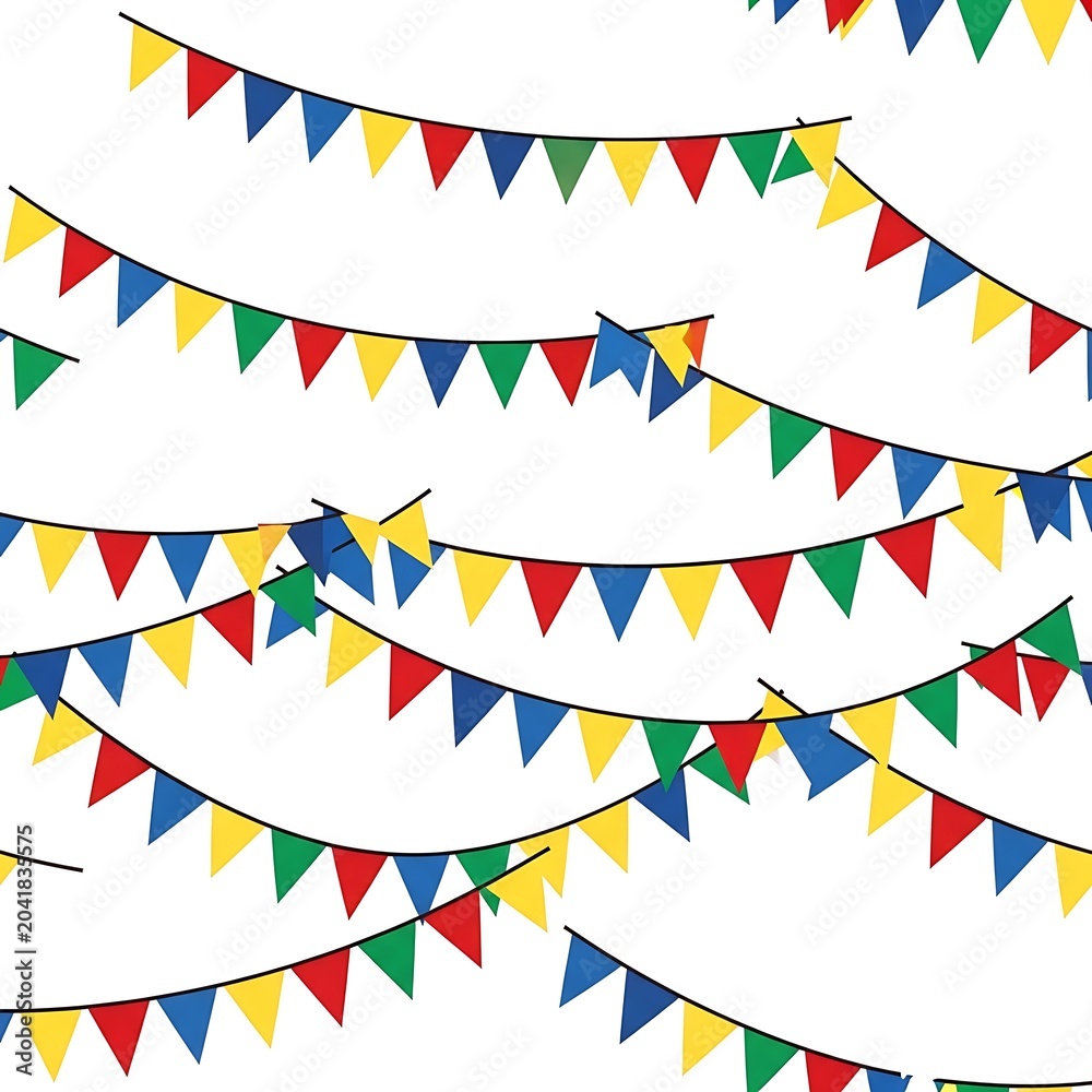 Obraz premium Colorful Triangle Bunting Flags Hanging on Curved Strings Against White Background