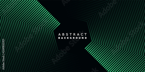 Abstract black and green techno background with overlapping layers in dark space with glowing line decoration. Modern graphic design element with hexagon style concept for web, poster, brochure, card