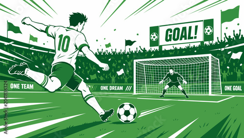 Photos Football Kickoff: A dynamic illustration captures a pivotal moment in a football match, showcasing a player in mid-kick towards the goal