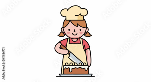 Young chef cutting a decorated cake with frosting and toppings