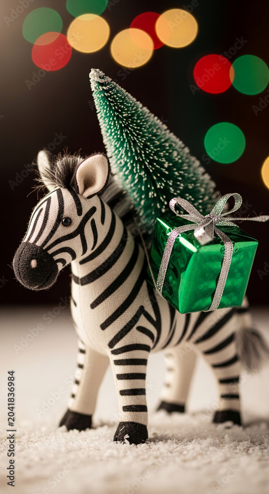 Naklejka premium Plush zebra toy carrying a decorated Christmas tree and gift, set against festive bokeh lights, symbolizing holiday cheer and gifting.
