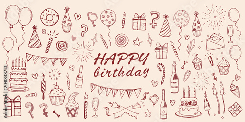 Foto hand drawn birthday party doodle collection red cake balloon gift candle hat