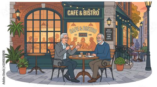Foto Two elderly men enjoying coffee at an outdoor cafe bistro in the evening