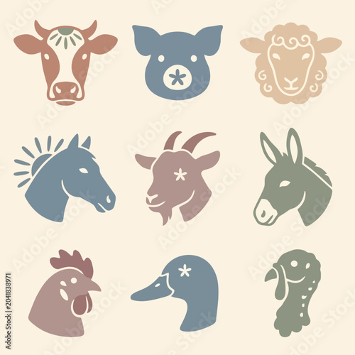 Billede på lærred Collection of various animal heads icons.