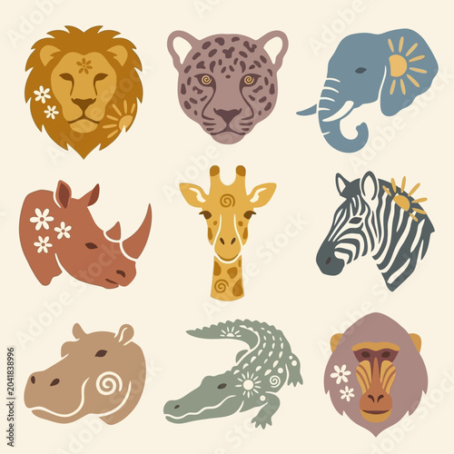 Foto Collection of various wild animal faces.