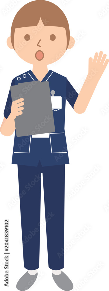 Fototapeta premium クリップボードを持って手を振る男性看護師