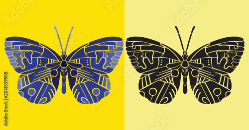 Bild auf Leinwand Symmetrical blue butterfly illustration with intricate line art and black silhou