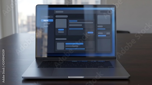 Modern laptop displaying dark theme dashboard UI on office desk