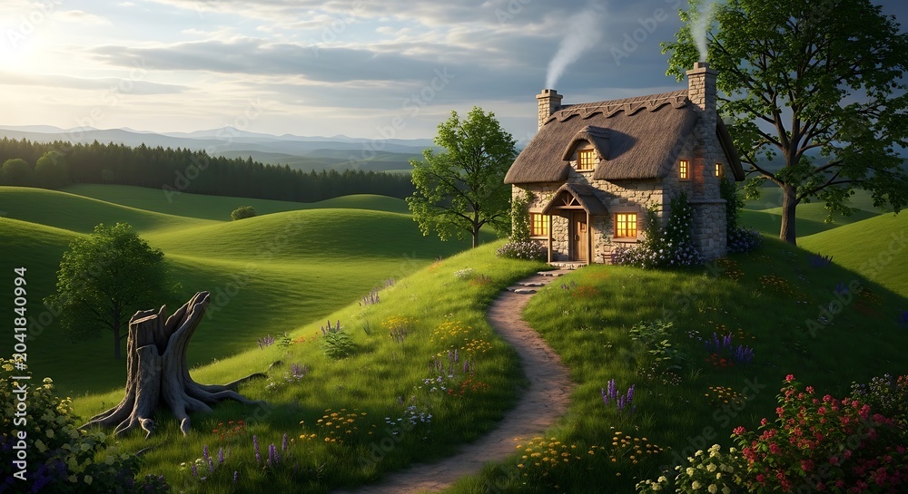 Naklejka premium Cozy Stone Cottage Glowing on Green Hill in Peaceful Countryside