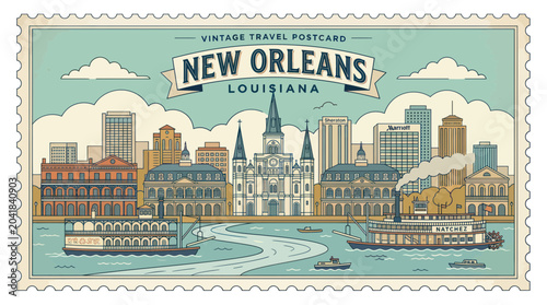 Billede på lærred New Orleans Louisiana Vintage Travel Postcard Illustration