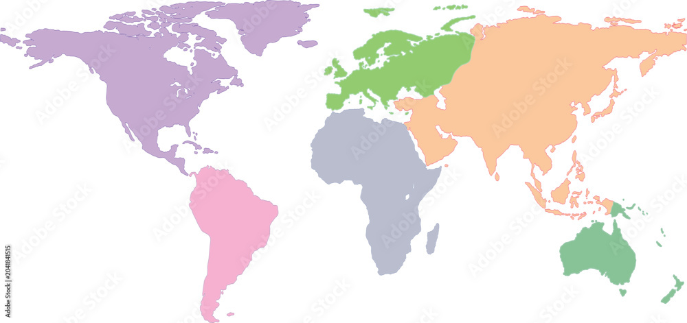 Fototapeta premium Colorful flat world map continents pastel colors vector illustration