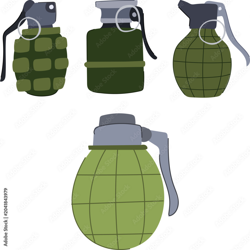 Fototapeta premium Military hand grenades illustrating concepts of defense, security, danger, power, and readiness, presenting various designs of explosive devices used in combat and armed conflict environments