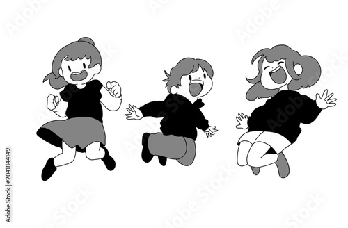 Simple hand drawn illustration of three cute children jumping energetically in black and white isolated