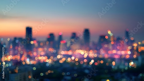 Blurry City Skyline at Sunset with Neon Bokeh Lights