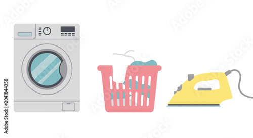 Konstfotografi Washing Machine, Laundry Basket, and Iron on White Background