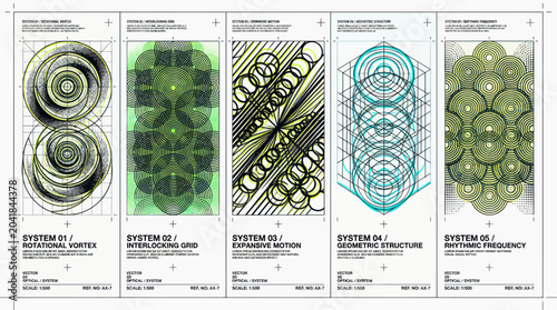 Tableau sur toile Abstract Geometric Systems: Rotational Vortex, Interlocking Grid, Expanding Moti