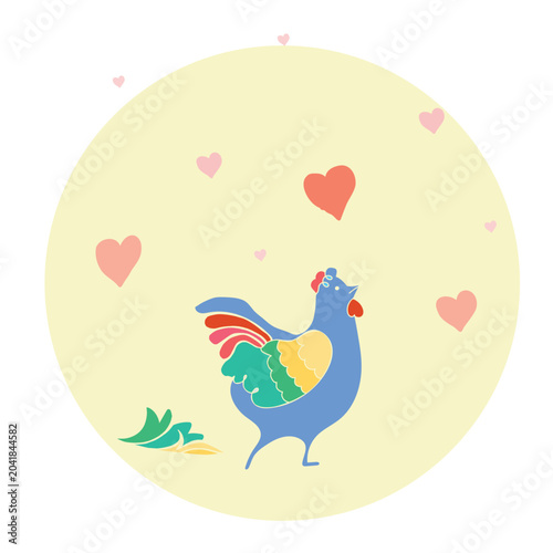 Rooster with hearts vector illustration. Decorative country style bird with romantic elements, perfect for greeting cards, farmhouse decor, folk art projects, seasonal designs and packaging.