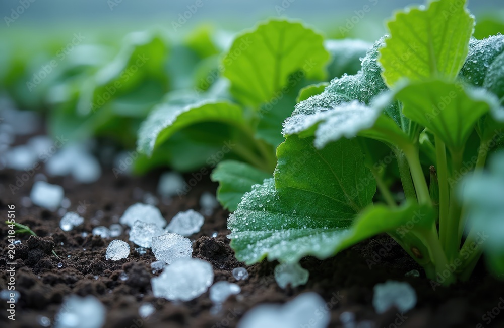 Obraz premium Close-up view of ice pellets on green plant leaves in a garden bed. Frozen water crystals cover crop foliage and dark soil after cold weather. Agricultural damage concept.