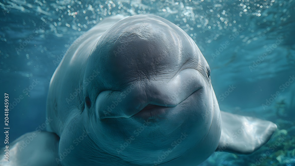 Fototapeta premium Curious Beluga Whale Close Up Underwater Portrait