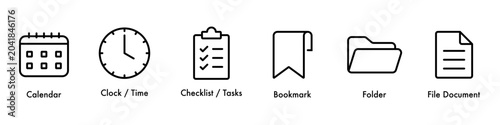 Konstfotografi Organization and time management icon set, calendar, clock, checklist, bookmark,
