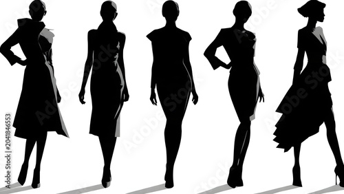 Silhouetted Fashion Models Walking in Line