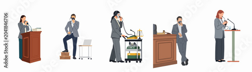 Collection of flat vector illustrations depicting professional court reporters and stenographers using voice masks and recording equipment in legal settings.