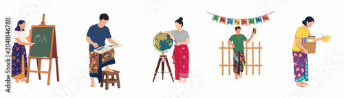 Cuadro en lienzo Set of flat vector illustrations featuring Indonesian educators in traditional sarongs engaged in various teaching and learning activities on a white background